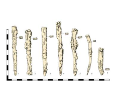 six nails, iron, corroded (1-6) and item, iron (7)