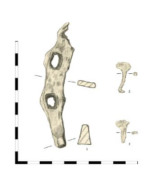 podkowa, żelazna, fragment (1), dwa gwoździe, żelazne (2,3)