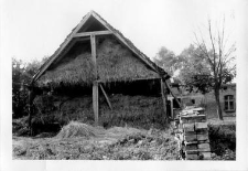 A cross-section of a half-timbered barn