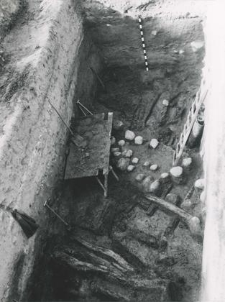 Deep trench outside the collegiate church (from the south), wooden structure of the rampart from the east, view from above on the trench during examination