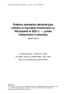Srebrna zawieszka dedykacyjna odkryta w Ogrodzie Krasińskich w Warszawie w 2021 r. &mdash; pr&oacute;ba interpretacji znaleziska