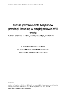 Kultura jedzenia i dieta bazylian&oacute;w prowincji litewskiej w drugiej połowie XVIII wieku