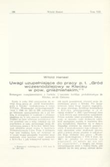 Uwagi uzupełniające do pracy p. t. "Gr&oacute;d wczesnodziejowy w Kłecku w pow. gnieźnieńskim"