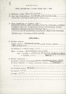 Ankieta : nauki geologiczne w czasie wojny 1939-1945 na nazwisko Sawicki Ludwik : maszynopis oraz dodatek ręcznie pisany na temat publikacji i wybranych fragment&oacute;w z życiorysu