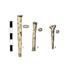 1) nail 2) artifact with widened ends 3) nail with a head