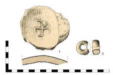 1) Bottom of a pot with a potter's sign 2) Spindle whorl volhynian type, damaged
