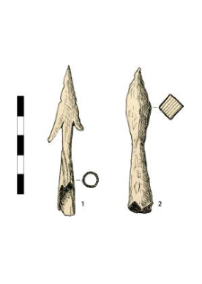 Arrowhead with burrs and sleeve and bolthead with sleeve, damaged