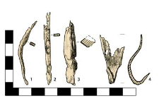 Artifacts: 1.-2. Nails, fragments, 3. Arrowhead with a sleeve, damaged, 4. Fitting, fragment