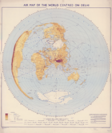 Air map of the world centred on Delhi : scale 1:50,000,000 along straight lines (great circles) radial from Delhi