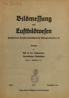 Bildmessung und Luftbildwesen : deutsche und österreichische Fachzeitschrift unter Mitarbeit der Internationalen Gesellschaft für Photogrammetrie 16. Jahrg. Heft 3 (1941)