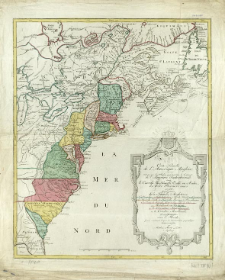 Carte Nouvelle de l'Amerique Angloise contenant tout ce que les Anglois possedent sur le Continent de l'Amerique Septentrionale Savoir le Canada, la Nouvelle Ecosse ou Acadie, les treize Provinces unies qui sont: les quatres Colonies de la Nouvelle Angleterre 1. New Hampshire, 2. Massachusetsbaye, 3. Rhode-Island, & 4. Conecticut, 5. la Nouvelle York, 6. Nouvelle Jersey, 7. Pensilvanie, 8. les Comt&eacute;s de Newcastle, Kent et Sussex sur la Delaware, 9. Mariland