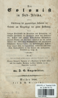Der Colonist in S&uuml;d-Afrika, oder Schilderung des gegenw&auml;rtigen Zustandes der Colonie am Vorgebirge der guten Hoffnung