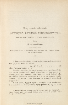 Nowy spos&oacute;b całkowania pewnych r&oacute;wnań r&oacute;żniczkowych pierwszego rzędu o dwu zmiennych