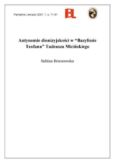 Antynomie dionizyjskości w &bdquo;Bazilissie Teofanu&rdquo; Tadeusza Micińskiego