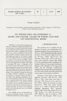 On species-area relationships. 2, Slope and factor values of power function and exponential model