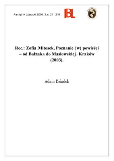 Zofia Mitosek, Poznanie (w) powieści &ndash; od Balzaka do Masłowskiej. Krak&oacute;w (2003)