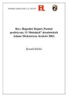 Bogusław Dopart, Poemat profetyczny. O "Dziadach" drezdeńskich Adama Mickiewicza. Krak&oacute;w 2002