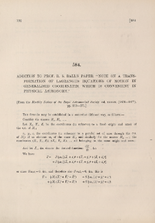 Addition to Prof. R. S. Ball's paper "Note on a transformation of Lagrange's equations of motion in generalised coordinates, which is convenient in physical astronomy"