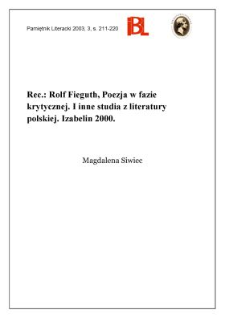 "Poezja w fazie krytycznej : i inne studia z literatury polskiej", Rolf Fieguth, Izabelin 2000