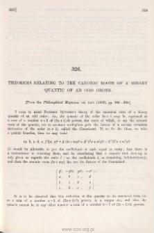 Theorems relating of the Canonic Roots of a Binary Quantic of an odd order