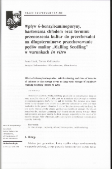 Effect of 6-benzylaminopurine, cold-hardening and time of transferof cultures to the storage room on long-term storage of raspberry&lsquo;Mailing Seedling&rsquo; shoots in vitro