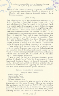 Results of the Oxford University Expedition to Greenland, 1928 - Araneus and Opiliones collected by Major R. W. G. Hingston with some Notes on Icelandic Spiders