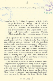 Mimicry: by G. D. Hale Carpenter, D.M., Hope Professor of Zoology, Oxford with a Section on its Genetic Aspect by E. B. Ford, M.A., B.Sc., Lecturer in Genetics and University Demonstrator in the Department of Zoology and Comparative Anatomy, Oxford (Methuen & Co., Ltd., London, 1933; 3/6 net.) : [recenzja książki]