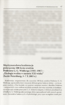 Międzynarodowa konferencja poświęcona 100-leciu urodzin Profesora G. G. Winberga (1905-1987) - "Ekologia wodna w zaraniu XXI wieku" (Sankt Petersburg, 3-7 X 2005 r.)