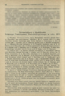 Sprawozdanie z działalności Polskiego Towarzystwa Hydrobiologicznego w roku 1970