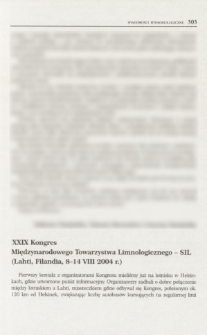 XXIX Kongres Międzynarodowego Towarzystwa Limnologicznego - SIL (Lahti, Finlandia, 8-14 VIII 2004 r.)
