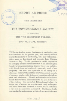 A short address to the members of The Entomological Society, on nominating the vice-presidents for 1835