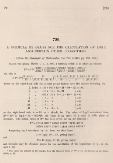 A formula by Gauss for the calculation of log 2 and certain other logarithms