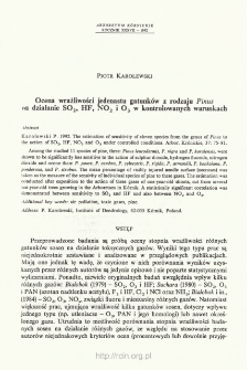 The estimation of sensitivity of eleven species from the genus of Pinus to the action of SO2, HF, NO2 and O3 under controlled conditions