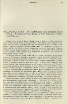 Recenzje. Wallwork, J. A. 1976 - The distribution and diversity of soil fauna - Academic Press, London-New York-San Francisco, 355 pp.
