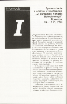 Sprawozdanie z udziału w konferencji: „VI Europejski Kongres Biotechnoiogii”, Florencja,13-17 VI, 1993