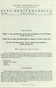 Studies on the postembryonic growth and development of the partridge, Perdix perdix (L.)