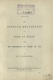 Liste des Oiseaux recueillis au Nord du Pérou par MM. Stolzmann et Jelski en 1878