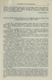 20-lecie Stacji Hydrobiologicznej Zakładu Biologii Wód PAN w Goczałkowicach (1957-1977)