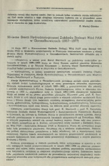 20-lecie Stacji Hydrobiologicznej Zakładu Biologii W&oacute;d PAN w Goczałkowicach (1957-1977)