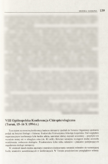 VIII Ogólnopolska Konferencja Chiropterologiczna (Toruń, 15-16 X 1994 r.)