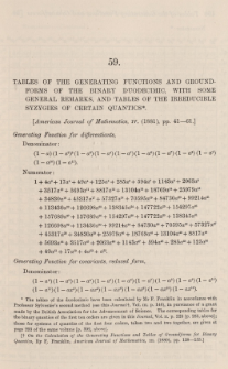 Tables of the generating functions and groundforms of the binary duodecimic, with some general remarks, and tables of the irreducible syzygies of certain quantics