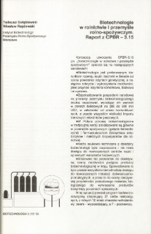 Biotechnologie w rolnictwie i przemyśle rolno-spożywczym. Raport z CPBR - 3.15