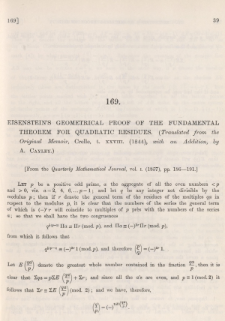 Eisenstein's geometrical proof of the fundamental theorem for quadric residues (translated from the Original Memoir, Crelle, t. XXVIII. (1844), with an Addition, by A. Cayley.)