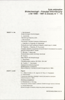 Spis artykuł&oacute;w Biotechnologii - Przegląd informacyjny z lat 1988 - 1991 &bull; zeszyty nr 1-1