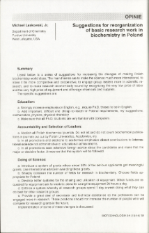 Suggestions for reorganization of basic research work in biochemistry in Poland