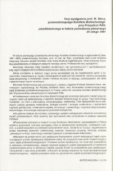 Tezy wystąpienia prof. W. Steca, przewodniczącego Komitetu Biotechnologii przy Prezydium PAN