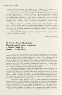 IV Jesienna Szkoła Modelowania Matematycznego i Analizy Systemowej w Biologii Populacyjnej (Zawoja, 19-25 X 1978 r.)