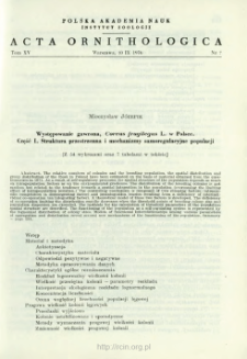 Występowanie gawrona, Corvus frugilegus L. w Polsce. Część 1. Struktura przestrzenna i mechanizmy samoregulacyjne populacji