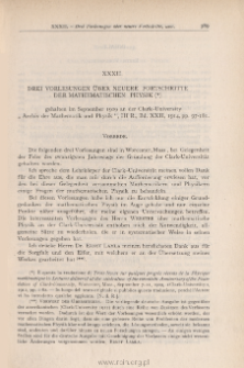 Drei Vorlesungen uber neuere Fortschritte der mathematischen Physik, gehalten im September 1909 an der Clark-University