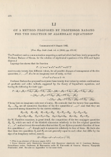 On a Method proposed by Professor Badano for the solution of Algebraic Equations (1842)